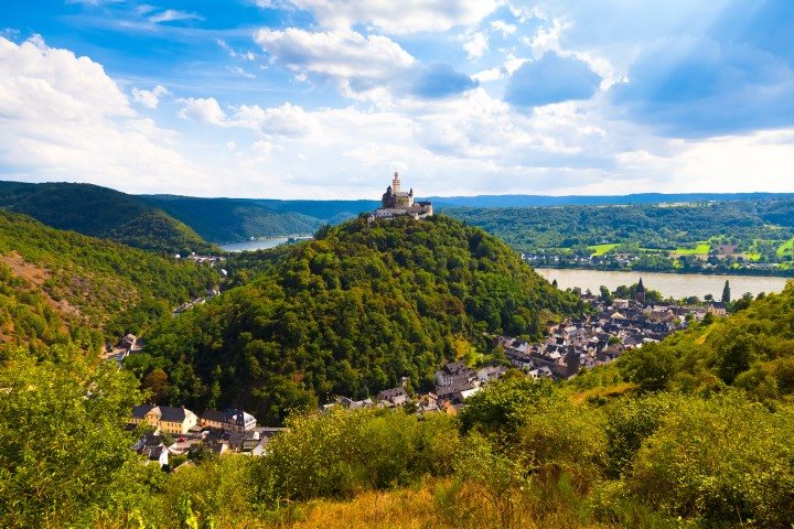 Marksburg Castle in Germany with the Rhine River flowing behind