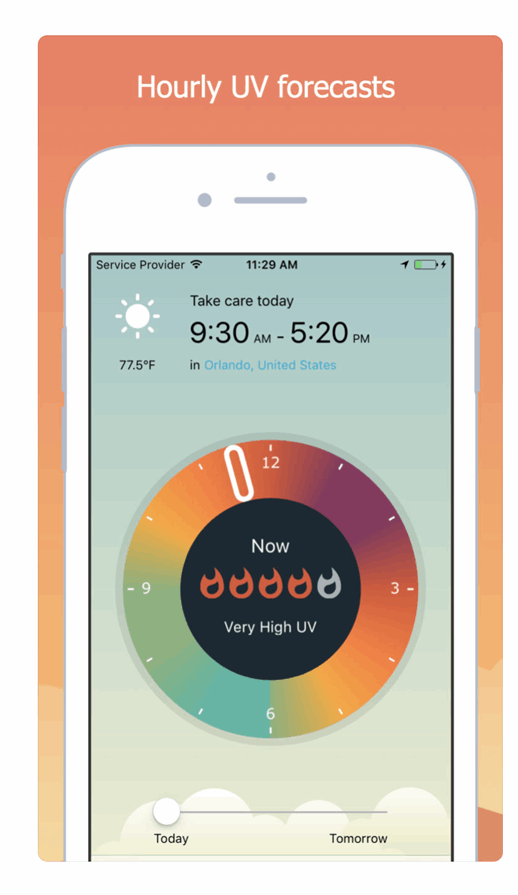 UVLens app showing UV levels at your location for specific times of the day