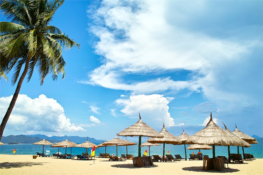 Beach umbrellas on Nha Trang Beach Vietnam
