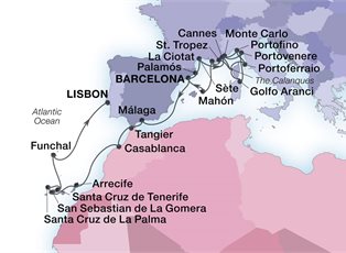 Seabourn Sojourn, 28 Night Mediterranean Rivieras & Canary Islands ex Barcelona, Spain to Lisbon, Portugal