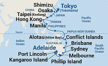 Diamond Princess, 29 Night Asia & Australia ex Yokohama, Japan  to Adelaide, S A.