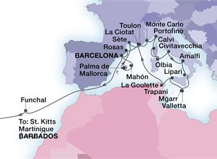 Seabourn Ovation, 34 Night Mediterranean Rivieras & Atlantic Crossing ex Barcelona, Spain to Bridgetown, Barbados Seabourn Ovation, 34 Night Mediterranean Rivieras & Atlantic Crossing ex Barcelona, Spain to Bridgetown, Barbados