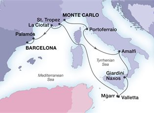 Seabourn Sojourn, 10 Night Tyrrhenian Treasures & Malta ex Monte Carlo, Monaco to Barcelona, Spain