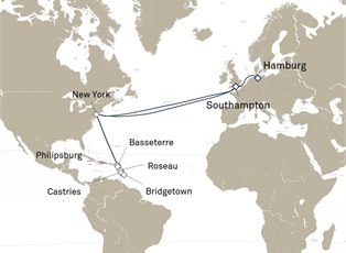 Queen Mary 2, 28 Nights Transatlantic Crossing And Eastern Caribbean ex Hamburg, Germany to Southampton, England, UK