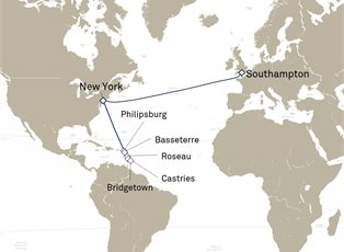Queen Mary 2, 21 Nights Caribbean Celebration And Transatlantic Crossing ex New York, NY, USA to Southampton, England, UK