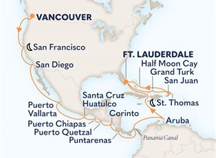Nieuw Amsterdam, 28 Night Panama Canal & Eastern Caribbean ex Vancouver, BC. Canada to Ft Lauderdale (Pt Everglades), USA