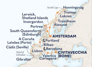 Nieuw Statendam, 28 Night North Cape, The Midnight Sun & Iberian Adventure ex Amsterdam, The Netherlands to Rome (Civitavecchia), Italy