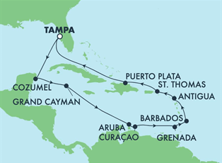 Norwegian Jewel, 14 Night Caribbean:  Curacao, Aruba, Barbados & Cozumel ex Tampa, Florida Return