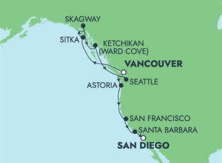 Norwegian Jade, 12 Night Pacific Coast: Skagway & Seattle ex Vancouver, BC. Canada to San Diego, California, USA