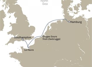 Queen Mary 2, 4 Nights Zeebrugge And Le Havre Short Break ex Hamburg, Germany to Southampton, England, UK