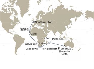Queen Anne, 35 Nights Fremantle To Southampton ex Fremantle (tours to Perth), WA, Australia to Southampton, England, UK