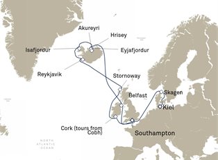 Queen Anne, 17 Nights Iceland And British Isles ex Kiel, Germany to Southampton, England, UK